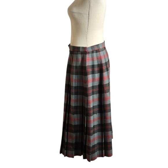 Gray and Black Vintage Plaid Lined Wool Pleated Midi Skirt - Picture 4 of 6